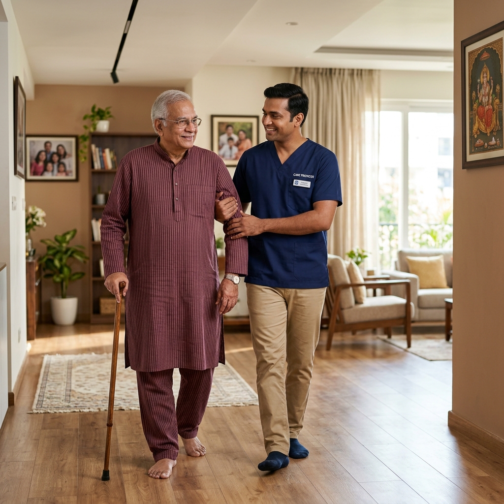 Caretaker assisting elderly man